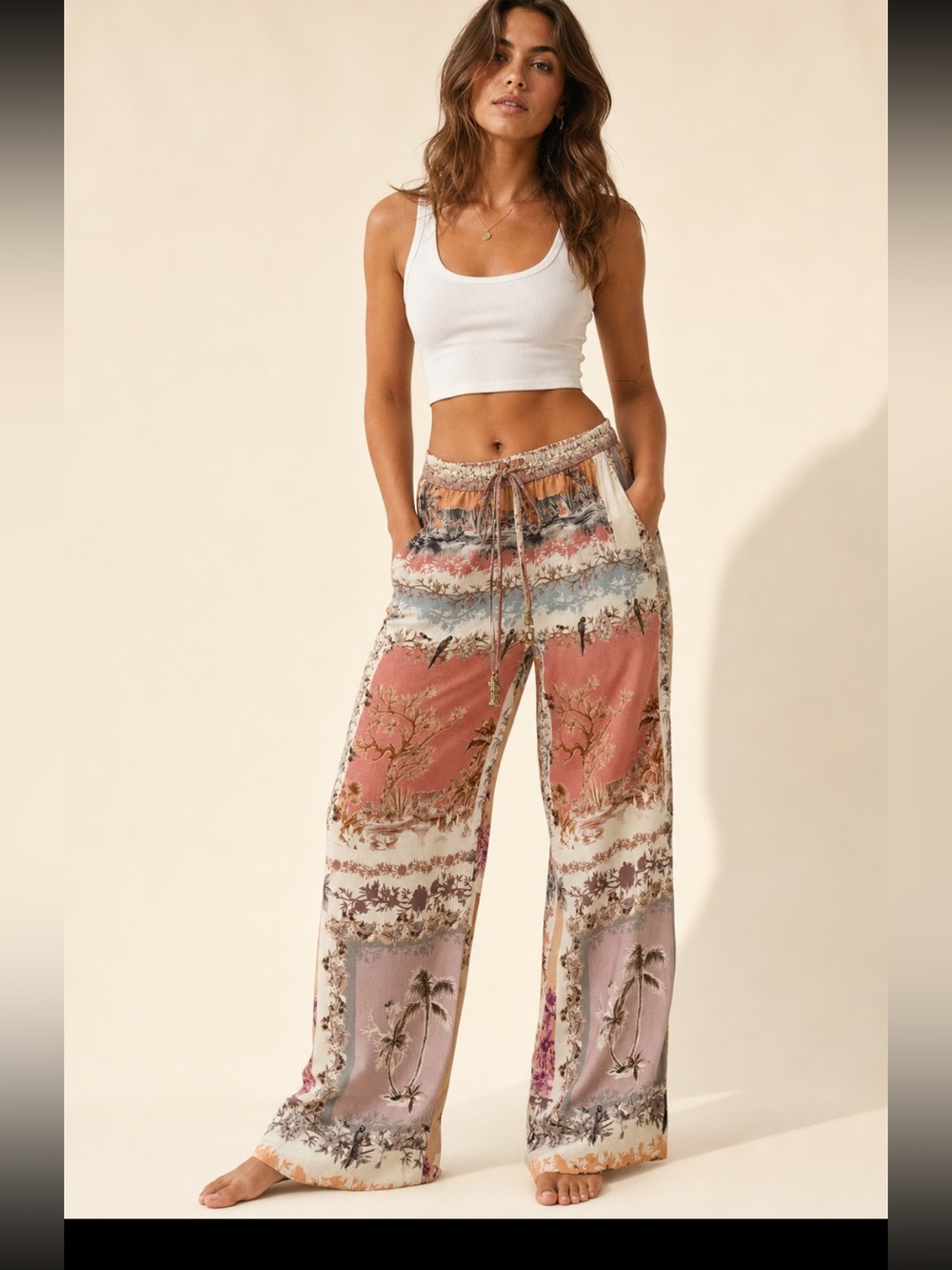 Calypso St. Barth Pink, Orange & Blue Patchwork Palm Print Pants